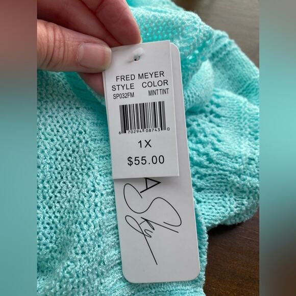 Olivia Sky NWT Women's 1X Boho Open Knit Long Sleeve V Neck Hi Lo Mint Sweater - Picture 10 of 11